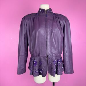 Size L-XL VOLUP Vintage 1980s 80s Zippered Purple Sequin Leather Jacket by Fieri